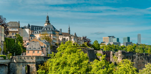 Luxembourg city skyline with green trees in the foreground
