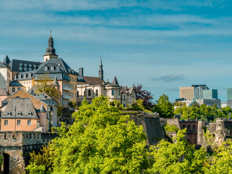 Luxembourg city skyline with green trees in the foreground